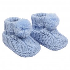 ABO12-B: Blue Cable Pom-Pom Bootees